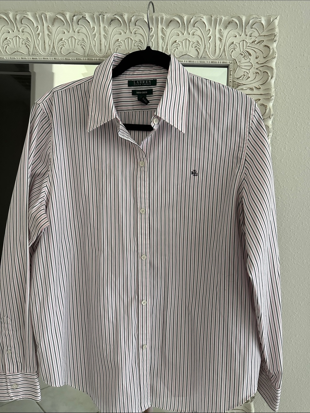 Lauren Ralph Lauren White Button-Down Shirt with Pink and Navy Stripes